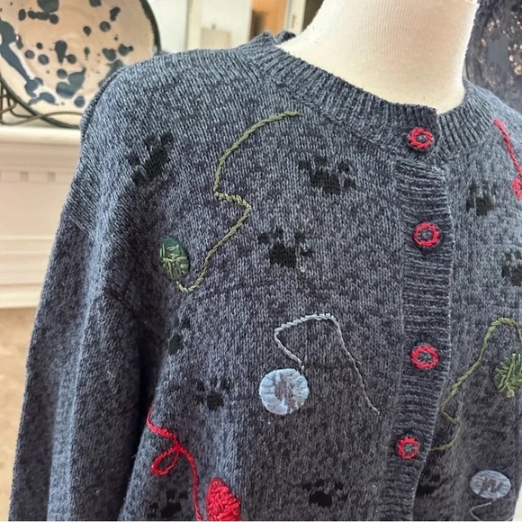 VINTAGE Cat Cardigan Size XL Blue Grey Heirloom Collectibles Ramie Cotton Blend - Picture 5 of 8